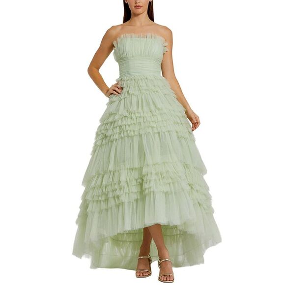 Mac Duggal WomensStrapless Tulle Ruffle Gown Green